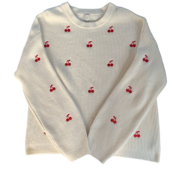 a new day Sweaters - Cream Sweater with Cherry Embroidery